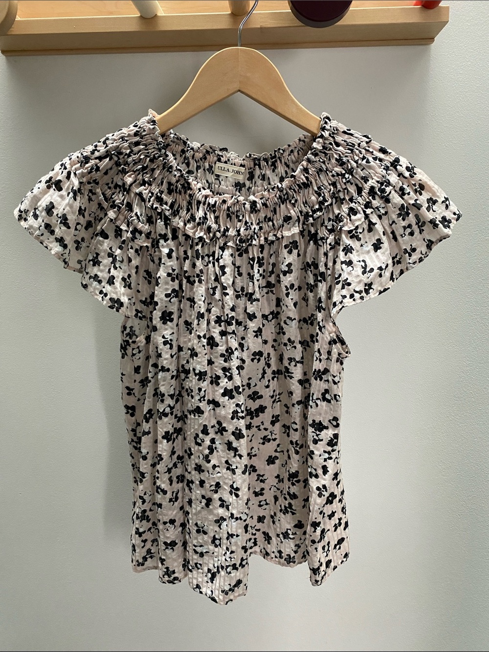 Ulla Johnson Pale Pink and Black Floral Smocked Off-Shoulder Blouse
